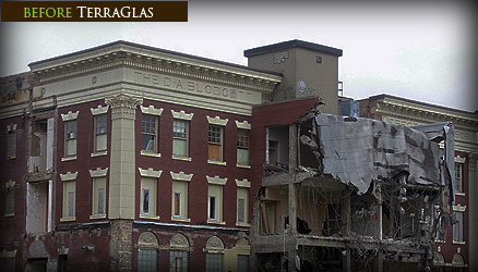 The damaged facade of a terra cotta covered building in Michigan. 